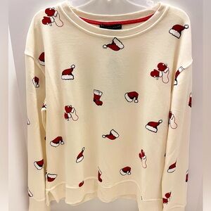 JANE‎ + DELANCEY All Over Printed Cream Red Santa Hat CHRISTMAS Holiday Shirt LG